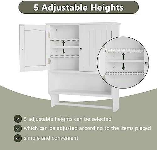 Smuxee White Bathroom Cabinet Wall Mounted with Towels Bar, Bathroom Medicine Cabinet with 2 Door Adjustable Shelves, Over Toilet Cabinet for Bathroom Laundry Room Kitchen - Image 4