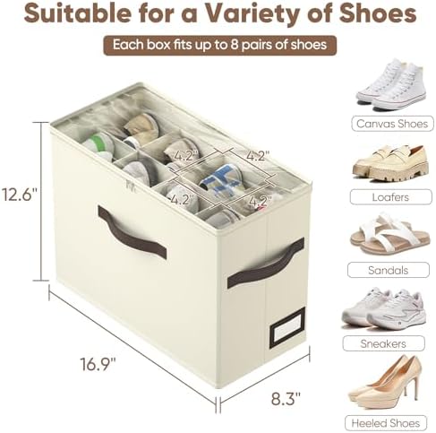 OIAHOMY 4 Pack Shoe Organizer for Closet, Foldable Shoe Storage Bins with Adjustable Dividers, Stackable Oxford Cloth Sneaker Boxes for Entryway Bedroom, Fits Up to 32 Pairs, Beige - Image 3