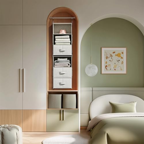 6-Shelf Hanging Closet Organizer with 3 Drawers, Separable, Silver Gray | Converts into Two 3-Shelf Organizers, Foldable Drawers, Side Pockets, Ideal for Wardrobe, Nursery, Dorm & Closet Storage - Image 2