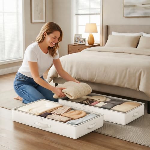 2-Pack Under Bed Storage Containers, 4.5 Inches Tall Clothes Storage, Beige | Low Profile Collapsible Underbed Organizer Bin with Sturdy Sidewalls/Bottom, Cotton-linen, For Seasonal Clothes & Bedding - Image 5