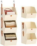 Homsorout Collapsible Hanging Closet Organizer - 3 Tier Closet Shelves Storage System with Hooks, Fabric Hanging Storage Bins for Clothes, Foldable Storage Basket for Laundry, Bedroom, Rv, Beige by Homsorout