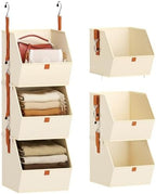 Homsorout Collapsible Hanging Closet Organizer - 3 Tier Closet Shelves Storage System with Hooks, Fabric Hanging Storage Bins for Clothes, Foldable Storage Basket for Laundry, Bedroom, Rv, Beige by Homsorout