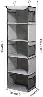 BrilliantJo 5 Shelves Hanging Closet Organizer, 2 Pack Hanging Storage with 6 Side Pockets for Clothes Bags, 43"x12"x12"(Gray) - Image 3
