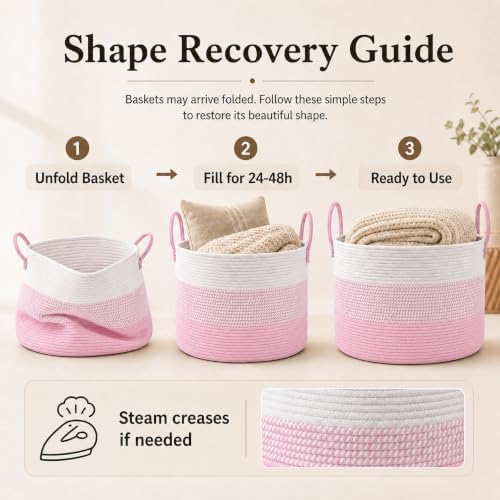 JMvicyroam 65L Extra Large Blanket Basket for Living Room - Woven Cotton Rope Laundry Hamper with Reinforced Handles - Storage Bin for Pillows, Comforters & Toys - Machine Washable,White&Pink Mix - Image 6
