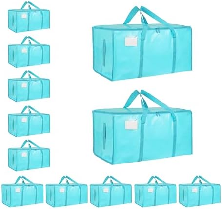 12 Pack-Extra Large Heavy Duty Moving Bags - Waterproof Storage Totes with Handles & Zippers, Foldable for College Dorm, Storage (lake blue) by Unknown