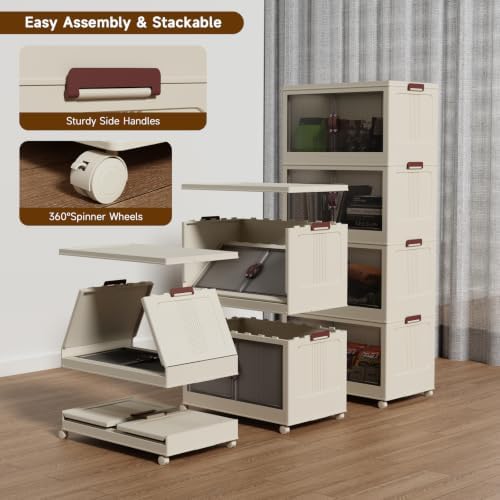 Collapsible Storage Bins with Lids and Front Doors, Heavy-Duty Stackable Plastic Organizers, Folding Utility Storage Boxes for Garage, Office, Pantry and Home (2, White, 30 Gal/Rack) - Image 6