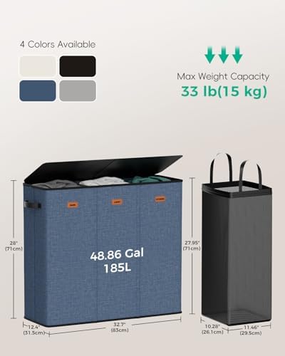 185L Laundry Hamper 3 Section with Lid & Removable Bags - Image 4