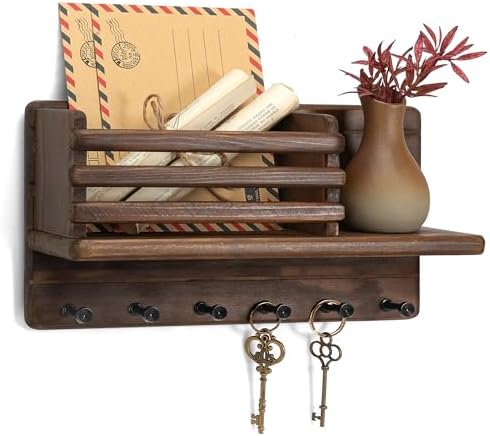 Rebee Vision Pine Wood Key Holder Wall Mount with Shelf for Entryway, Brown by REBEEVISION