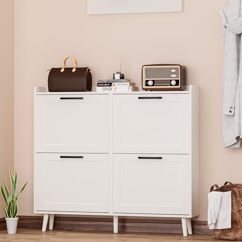 Shoe Storage Cabinet with 4 Flip Drawers, Freestanding Shoe Organizer with Adjustable Shelf & Anti-Tipping Device, Hidden Shoe Rack for Entryway, Hallway, Foyer, Lounge（White） - Image 7
