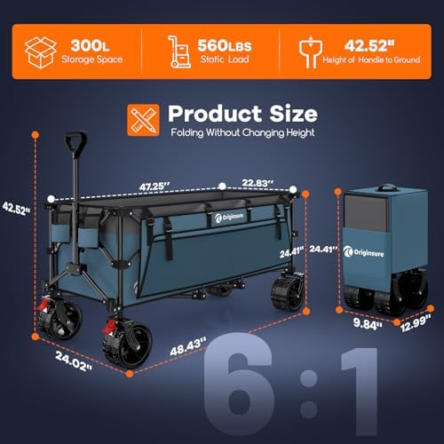 Originsure 300L Foldable Beach Wagon Cart with Big Wheels,560lbs,Grey&Blue - Image 2