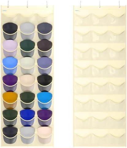 Baseball Hat Rack, 24 Pocket Over-The-Door Hat Organizer with Clear Deep Pockets to Display Baseball Caps Collection, Complete with 3 Over Door Hooks (Beige, 24 Pockets) by Unjumbly