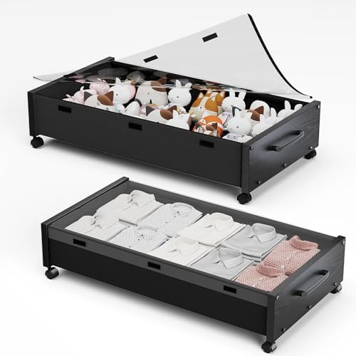 KITHELP Wooden Under Bed Storage with Wheels, Rolling Under the Bed Storage Bins with Removable Lid, Metal Under Bed Drawers for Clothes and Shoes in Bedroom or Living Room(Black Wood-2pack) by KITHELP
