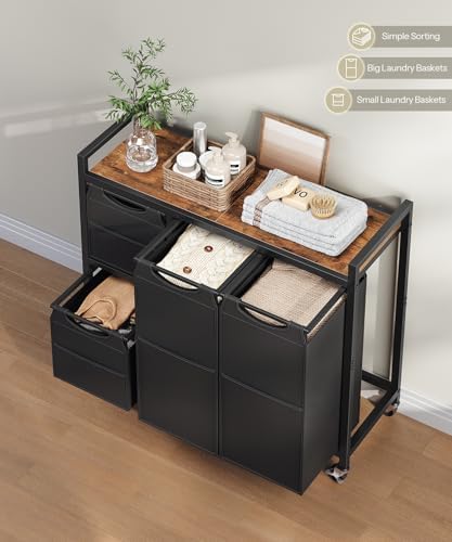 HOOBRO Laundry Sorter with 4 Section, 34 Gal. (127 L) Laundry Hamper with Wheels, Rolling Laundry Basket with Shelf, Pull-Out Detachable Bags, Side Pockets, Rustic Brown and Black BF14XY01N1 - Image 4