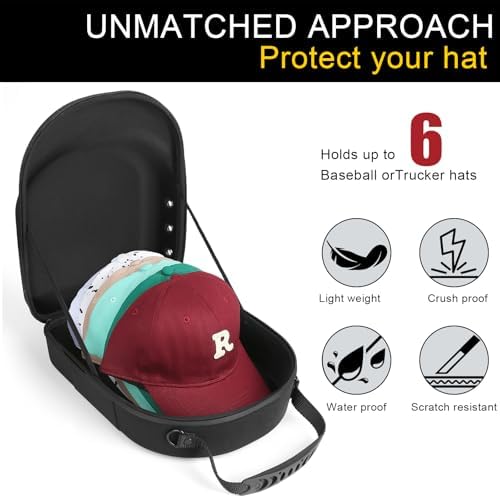 GERMUN Hard Baseball Hat Case with 6pcs Hat Hooks, Hat Carrier Travel Case with Adjustable Shoulder Strap, Hat Cap Case for 6 Baseball Caps - Perfect for Traveling (Black) - Image 2