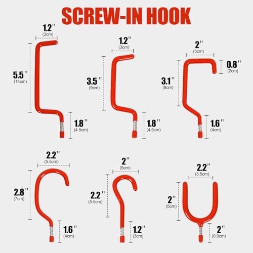 Garage Hooks Heavy Duty, 12-Pack Mixed Utility Garage Hooks, Wall Mounted Steel Tool Hangers for Garage Wall Organizer, Hold Ladders Tools Bikes (Red, 6 Type & 12 Pack) - Image 2