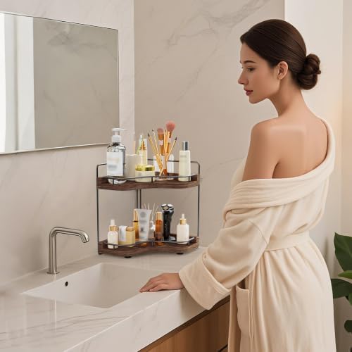 2-Tier Corner Bathroom Counter Organizer for Storage, Dark Brown - Image 7