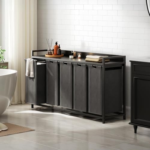 Herture Laundry Hamper with Shelf, Laundry Basket 5 Section, Laundry Sorter with Pull-Out Removable Large Bags and Movable Wheels, Metal Frame, 5 x 15.87 Gallons (60L), Black PF08XLB - Image 6