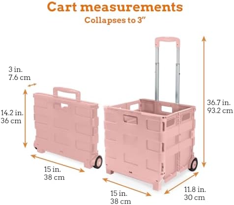 Inspired Living Ultra-Slim Rolling Collapsible Storage Pack-N-Roll Utility-carts, with Telescopic Handle, for Home, Garden, Shopping, Office, School use, Medium, Raspberry Pink - Image 2