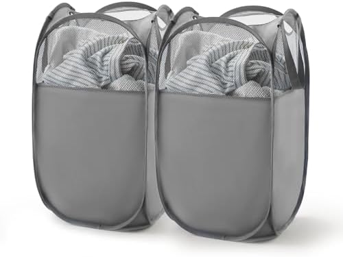 TECHMILLY Pop Up Foldable Laundry Basket, Mesh Laundry Hamper with Reinforced Handles for Dirty Clothes Storage in Dorm, Laundry Room, Bathroom, Grey(Fabric), 2 Pack by TECHMILLY