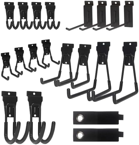 NeatiEase 20 PCS Slatwall Accessories Kit for Garage Rooms Shops Storage Organizing Display, Slat Wall Accessory Includes 18 PCS Multisized Heavy Duty Slatwall Hooks and 2 Pack Velcro Straps by NeatiEase
