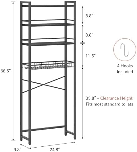 Over The Toilet Storage Shelf, 4-Tier Bathroom Organizer with Basket & Hooks, Sturdy Space Saver for Small Bathrooms, Black - Image 2