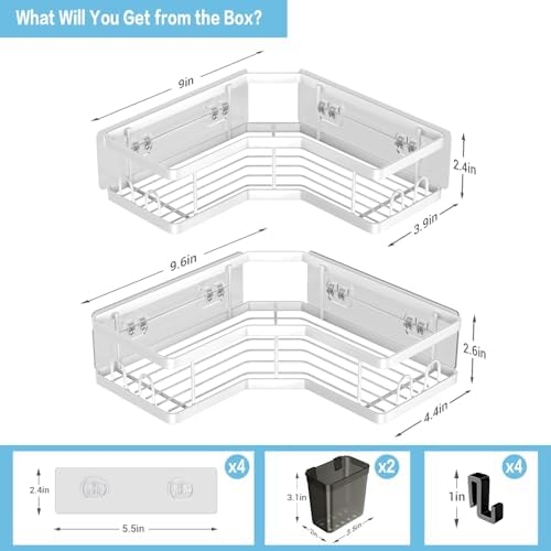 AKTECKE Shower Caddy Corner Organizer Shelf: 2Pack Adhesive Shower Essentials Accessories - No-Drilling Stainless Steel Bathroom Storage Rack with Hooks - Image 6