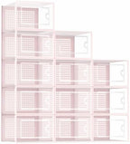 Kuject Shoe Organizers Storage Boxes for Closet, 12 Pack Clear Plastic Stackable Storage Bins with Lids, Under Bed Shoe Containers for Entryway, Drop Front, Fit up to Women's Size 10,Pink by Kuject