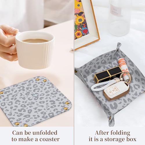 PU Leather Jewelry Valet Tray, Portable Catchall Tray for Keys, Wallet, Watch,Travel Jewelry Tray Organizer for Nightstand Desk Entryway Home Decor Gift for Women Men Grey Leopard Print - Image 3