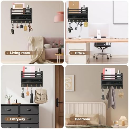 Key Holder Wall Mount with Mail Organizer, 5 Key Hooks, Black - Image 6