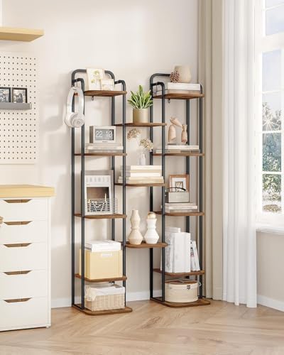 Hzuaneri 8 Tiers Vertical Shoe Rack, Narrow Shoe Tower, Tall Shoes Shelf with 2 Hooks, Adjustable Shelves, Corner Shoes Shelves for Small Spaces, Entryway, Living Room, Rustic Brown SR04301B - Image 6