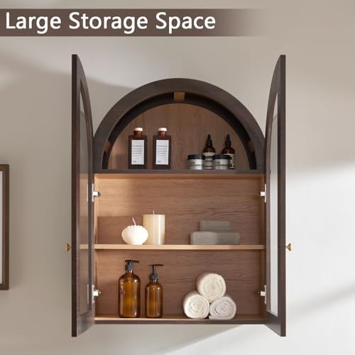 Bathroom Arched Wall Cabinet Over The Toilet Storage Cabinet, 23.5×31.4 Inch bathroom cabinet wall mount with Glass Doors & Adjustable Shelves, Wood Cabinet for Laundry Room, Kitchen, Brown/Natural - Image 4