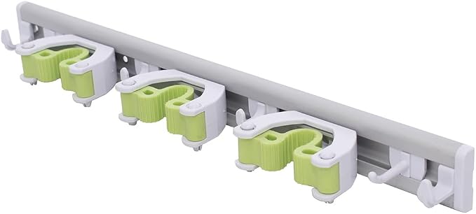 Pine-Sol Mop and Broom Holder - Hanging Wall Mount Storage Rack with 3 Slots and 6 Hooks - Adjustable Cleaning Tool Organizer for Garage, Kitchen, and Utility Closet by Pine-Sol