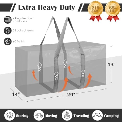 12 Pack Moving Bags with Full-Open Side Zipper, Extra Large 93L Heavy Duty Waterproof Foldable Storage Totes for College Dorm, Moving & Home Organization Gray - Image 2
