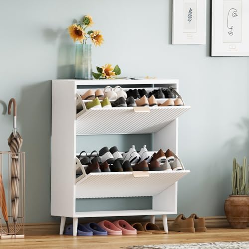 Shoe Cabinet Storage,Modern Freestanding Organizer with 2 Flip Drawers,Narrow Shoe Rack Cabinet for Entryway,White - Image 6