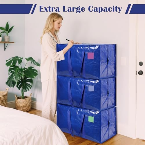 12 Pack Moving Bags with Full-Open Side Zipper, Extra Large 93L Heavy Duty Waterproof Foldable Storage Totes for College Dorm, Moving & Home Organization Blue - Image 4