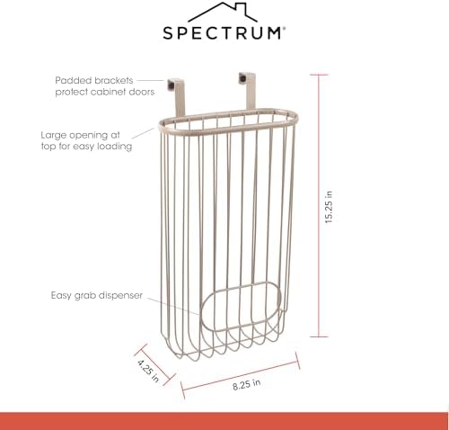 Spectrum Ashley Over The Cabinet Plastic Bag Holder (Satin Nickel Powder Coat) - Grocery & Recycling Bag Dispenser for Kitchen, Bathroom, Under Sink, Home, & Apartment Organization - Image 5