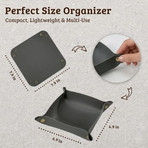 3 PACK PU Leather Jewelry Valet Tray Organizer, Foldable & Portable Catch All Bowl for Entryway Table, Nightstand, Desk & Travel | Storage Dish for Keys, Watch, Coin, Glasses (Grey) - Image 5