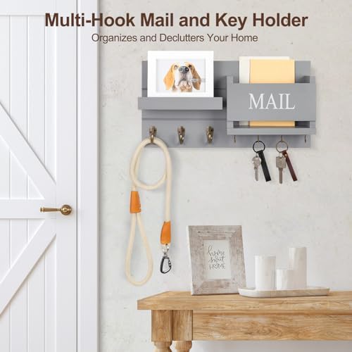 Lwenki Mail Organizer for Wall Mount – Key Holder with Shelf Includes Letter Holder and Hooks for Hallway Farmhouse Decor – Rustic Wood with Flush Mounting Hardware (16.5” x 9.1” x 3.4”) (Gray) - Image 3