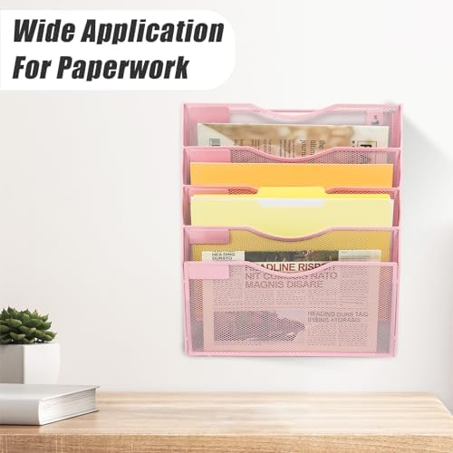 EASEPRES 5 Pocket Mesh Hanging Wall File Organizer, Wall Mounted Mail Paper Document Folder Holder, Clipboard Storage Organization Magazine Rack with Nametag Label for Office Home School, Pink - Image 6