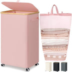 Goodpick 100L Large Rolling Laundry Basket with Wheels and Lid, Pink by Goodpick