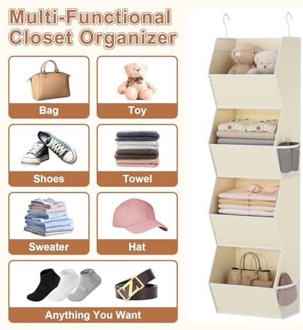 Hanging Closet Organizer 4 Shelf Collapsible Fabric Closet Organizers and Storage Hanging with Mesh Pocket for Clothes, Hanging Wardrobe Organizers and Storage for Sweater T-Shirt Shoes Toys, Beige - Image 6