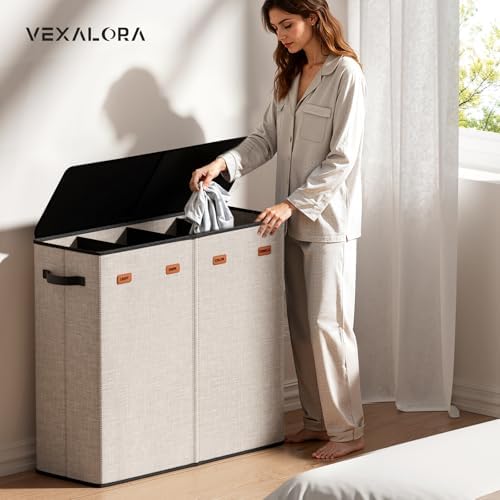 Laundry Hamper 4-Section with Lid, 185L Laundry Sorter with 4 Removable Bags + 1 Extra Large Bag, Switchable 3/4 Compartment, Laundry Basket Organizer for Bedroom, Laundry Room，Beige - Image 2