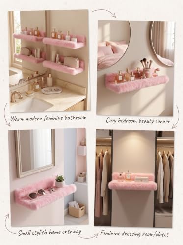Pink Plush Acrylic Bathroom Floating Shelf with Front Lip, Wall Mounted - Image 3