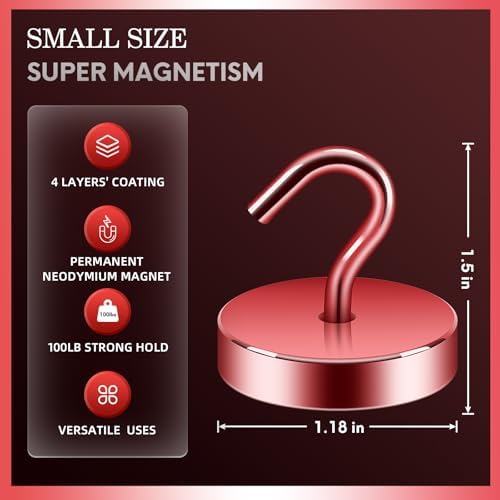 Neosmuk Magnetic Hooks Steel Tube Design for Cruise,100lb+ Red,10 Pack - Image 6
