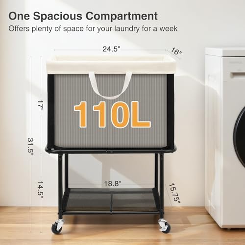STO STO Rolling Laundry Hamper with Lockable Wheels, 29-Gallon (110L) Laundry Cart with Removable Canvas Bag, 2-Tier Clothes Basket Hamper with Shelf for Closet, Bedroom, Bathroom, Laundry Room, Beige - Image 6