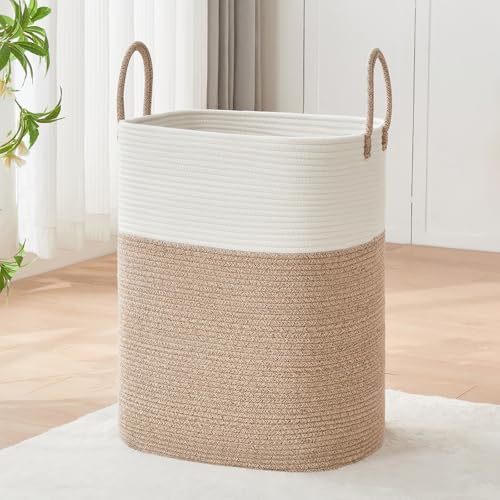 AINUOQI Laundry Basket with Handles - Blanket Basket & Hampers for Bedroom Aesthetic, Laundry Hamper & Blanket Storage for Living Room, Clothes Hamper, Tall, Large 17" x 14" x 26”, White & Rice Brown by AINUOQI