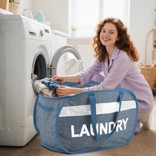 Collapsible Laundry Baskets with Lid, Foldable Clothes Hamper with Reinforced Handles, Sturdy Pop Up Hampers for Laundry, Tear Proof & Easy to Carry Laundry Hamper for Home, Dorm, Travel Blue - Image 2