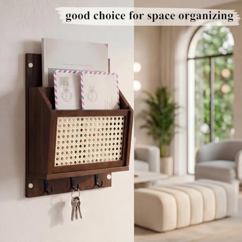 Rattan Mail and Key Holder Wall Mounted, Wood Magazine Mail Sorter Rack Wall Organizer with 2 Slots 3 Hooks for Coat, Dog Leash, Decorative Key Rack for Entryway,Living Room (Dark Brown) - Image 4