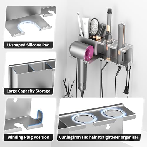 Hair Dryer Holder, Hair Tool Organizer, Blow Dryer Hanger Wall Mount for Dryer Hook, Bathroom Space-Saving Blow Dryer Organizer, Curling Irons Storage Wall Mounted (Gray) - Image 5