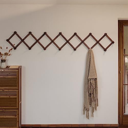 SKOLOO Accordion Wall Hanger with 22 Hooks, Modern Expandable Coat Rack Hat Rack for Wall, Solid Wooden, Walnut Color - Image 2